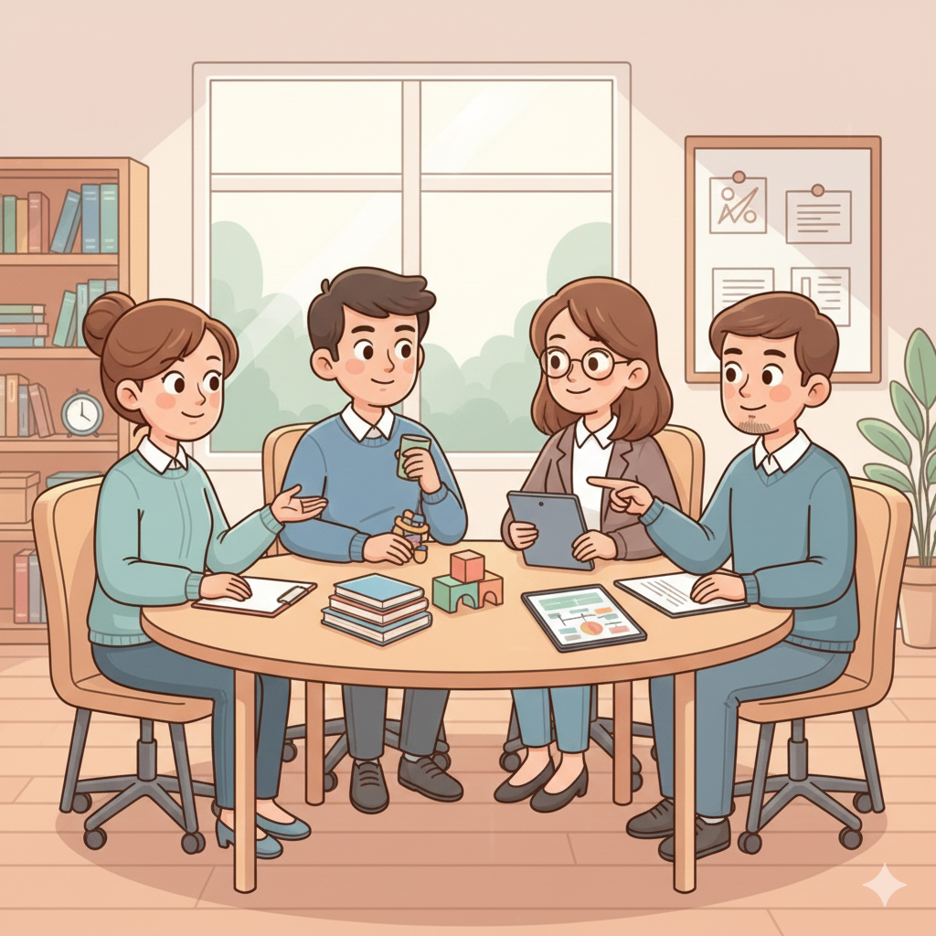 跨專業協作的圖示：不同專業人士握手或討論