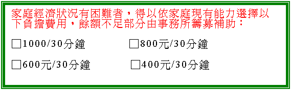 文字方塊: 家庭經濟狀況有困難者,得以依家庭現有能力選擇以下負擔費用,餘額不足部分由事務所籌募補助:
□1000/30分鐘 □800元/30分鐘
□600元/30分鐘 □400元/30分鐘
