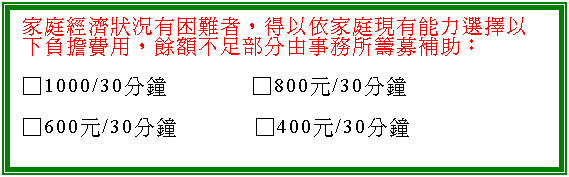 文字方塊: 家庭經濟狀況有困難者，得以依家庭現有能力選擇以下負擔費用，餘額不足部分由事務所籌募補助：
□1000/30分鐘            □800元/30分鐘
□600元/30分鐘           □400元/30分鐘
